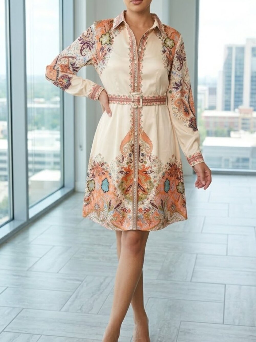 NWT Souk + Sepia Paisley Print Midi Shirt Dress Belt Asian Size 2XL/US S/M Boho